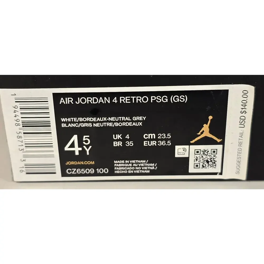 Nike Air Jordan 4 Retro PSG GS Shoe Box CZ6509-100 Size 4.5Y Bordeaux BOX ONLY